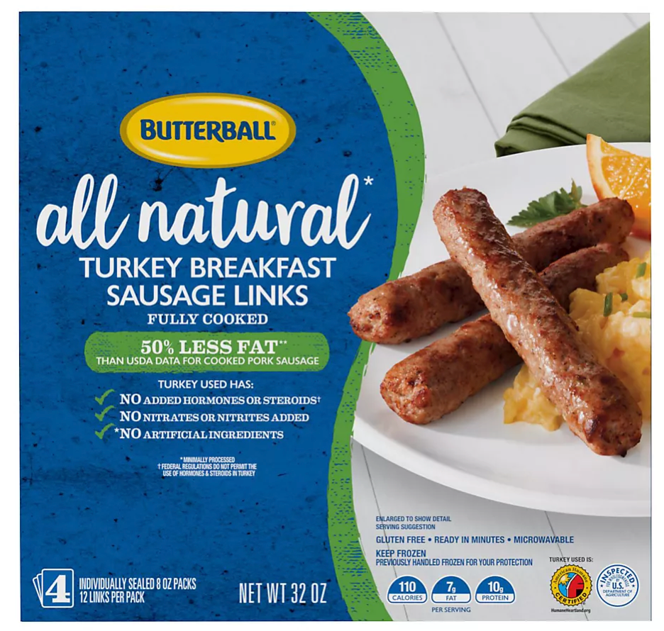 Butterball All Natural Frozen Turkey Breakfast Sausage Links, 2 lbs