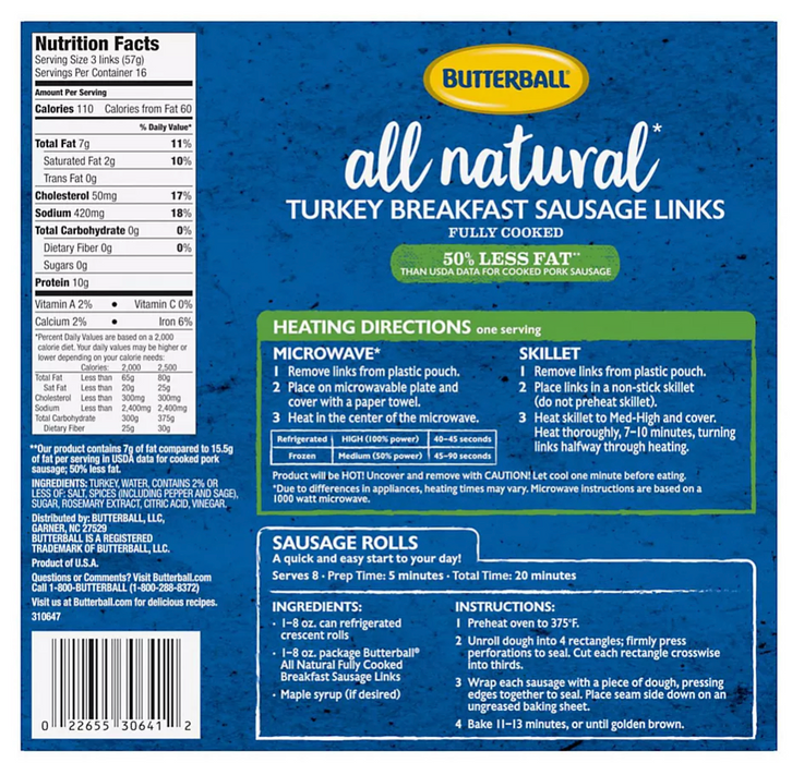 Butterball All Natural Frozen Turkey Breakfast Sausage Links, 2 lbs