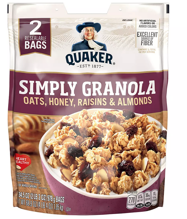 Quaker Natural Simply Granola, Oats, Honey, Raisins & Almonds Flavor , 2 x 34.5 oz