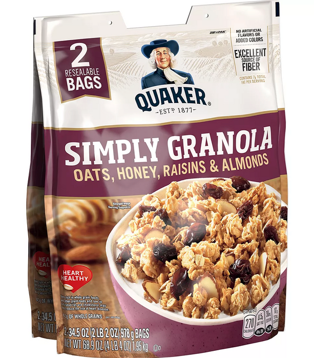 Quaker Natural Simply Granola, Oats, Honey, Raisins & Almonds Flavor , 2 x 34.5 oz