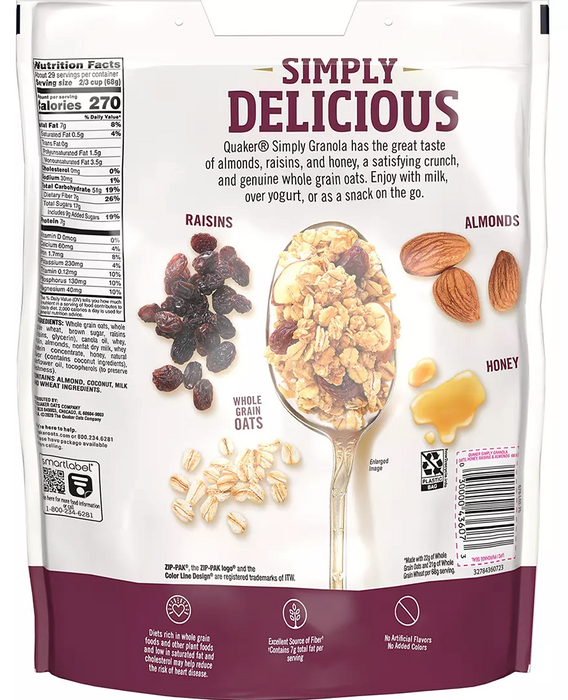 Quaker Natural Simply Granola, Oats, Honey, Raisins & Almonds Flavor , 2 x 34.5 oz