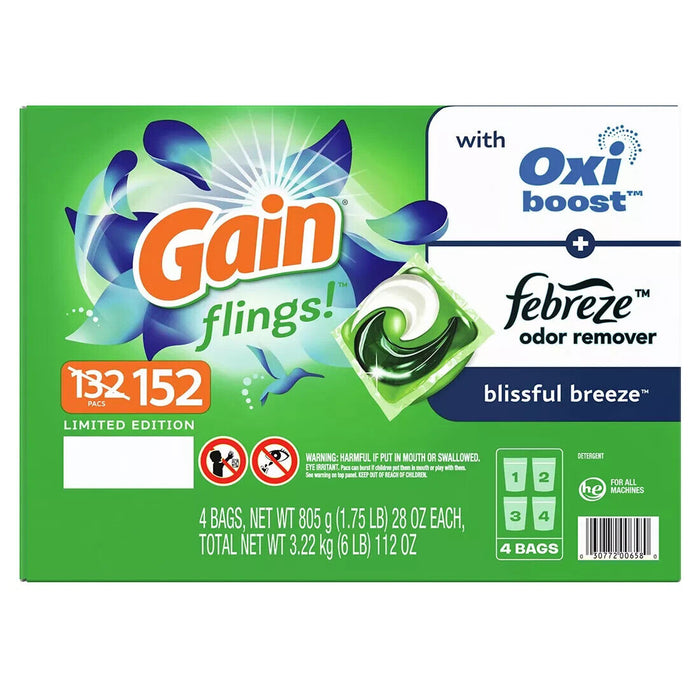 Gain Flings 3-in-1 Laundry Detergent Pacs with Odor Defense, Blissful Breeze Scent, 152 ct