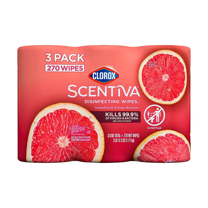 Clorox 3-Pack Scentiva Bleach Free Cleaning Wipes, Tahitian Grapefruit Splash, 3 x 90 ct