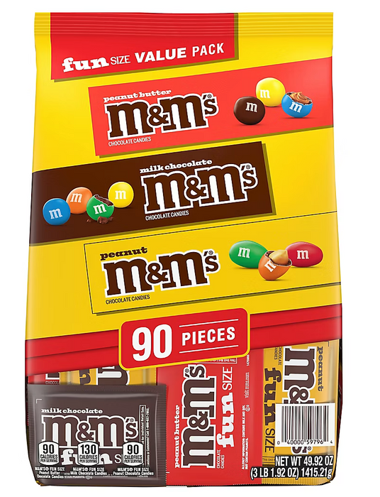 M&M's Milk Chocolate, Peanut & Peanut Butter Fun Size Variety Pack, 90 ct
