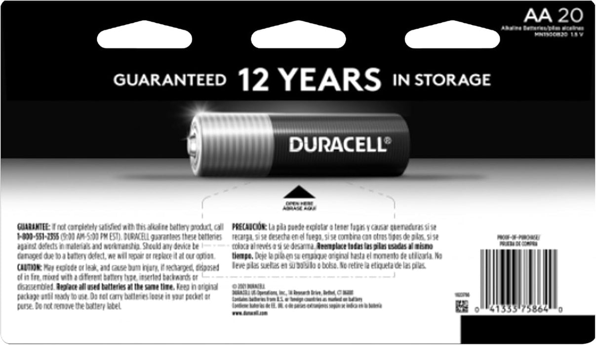 DURACELL AA Coppertop Alkaline Batteries with Duralock Power Preserve Technology, 20-Pack, 20 ct