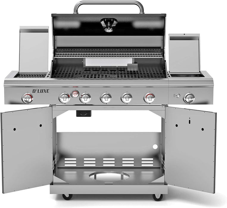 Nexgrill Deluxe 5B Gas Grill, 5 + 2 Burner Gas Grill with Stainless Steel Side Burner & Infrared Side Burner, Barbecue Cart with Pro Touch Cast Iron Grill Plate & Ceramic Rear Burner, 1 pc