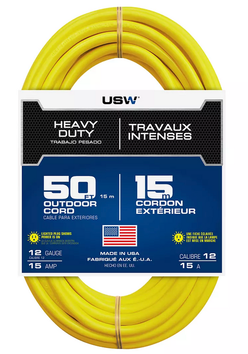 USW 12/3 50-Ft. Yellow Lighted Extension Cord , 50 ft