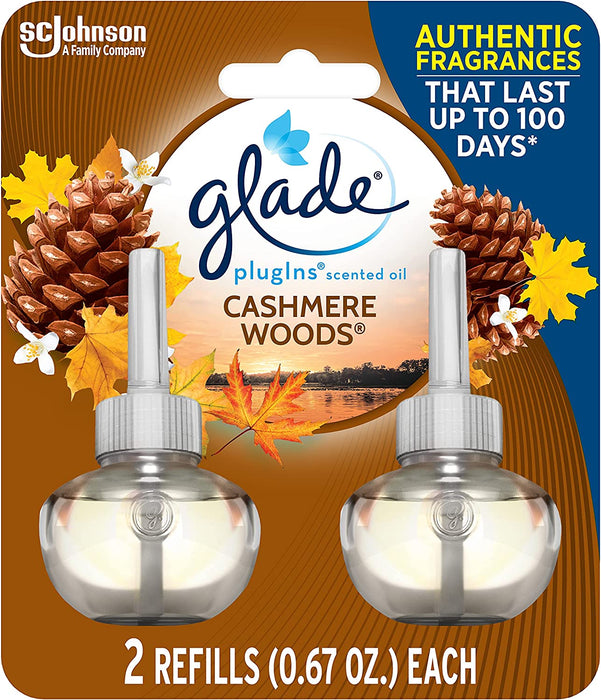 Glade PlugIns Refills Air Freshener, Scented and Essential Oils for Home and Bathroom, Cashmere Woods, 2 x 0.67 oz