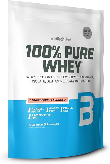 BiotechUSA 100% Pure Whey, Protein Powder with BCAA & Glutamine, Strawberry Flavoured , 1000 gr