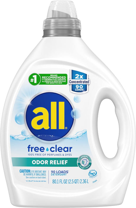 All Laundry Detergent Liquid, Free Clear for Sensitive Skin, Odor Relief, Unscented and Hypoallergenic, 2X Concentrated, 90 Loads, 80.1 oz