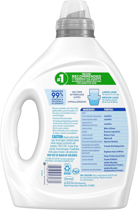 All Laundry Detergent Liquid, Free Clear for Sensitive Skin, Odor Relief, Unscented and Hypoallergenic, 2X Concentrated, 90 Loads, 80.1 oz