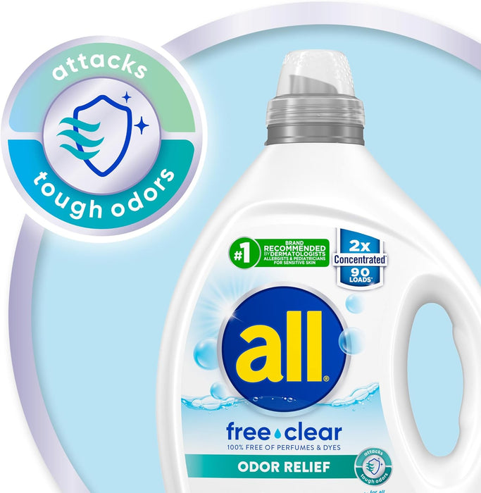 All Laundry Detergent Liquid, Free Clear for Sensitive Skin, Odor Relief, Unscented and Hypoallergenic, 2X Concentrated, 90 Loads, 80.1 oz