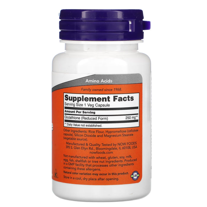NOW Supplements Glutathione, 250 mg, 60 Veg Capsules, 60 ct