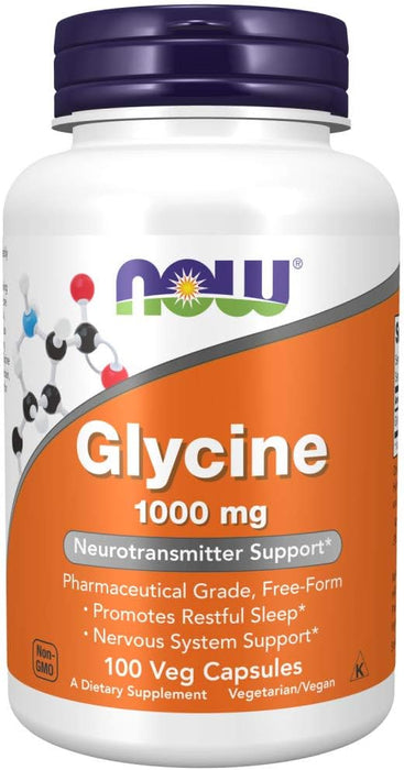 NOW Supplements Glycine, 1000 mg, 60 Veg Capsules, 100 ct