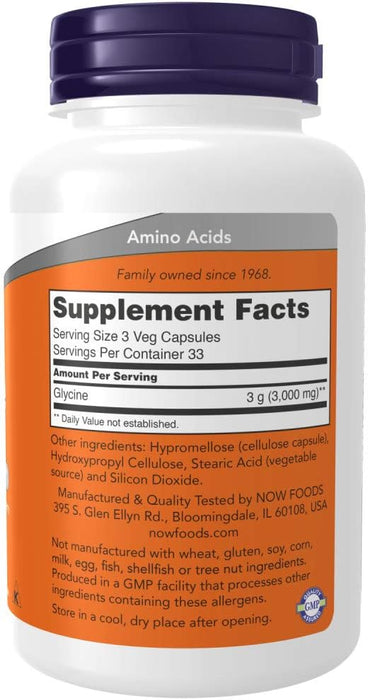 NOW Supplements Glycine, 1000 mg, 60 Veg Capsules, 100 ct