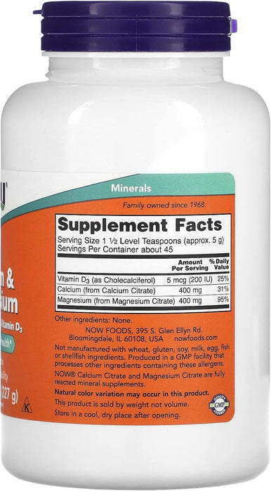 NOW Supplements Calcium & Magnesium Citrate Powder with Vitamin D3, Supports Bone Health, 227 gr