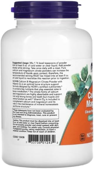 NOW Supplements Calcium & Magnesium Citrate Powder with Vitamin D3, Supports Bone Health, 227 gr