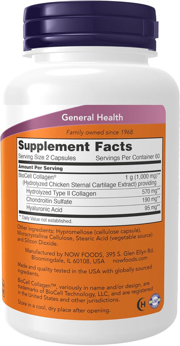 Now Supplements, BioCell Collagen Hydrolyzed Type II, Clinically Validated, 120 Veg Capsules, 120 ct