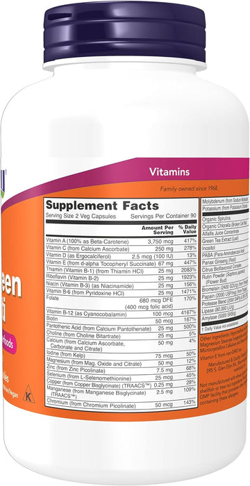 Now Supplements, EcoGreen Multi Vitamin with Green Superfoods, Iron-Free 180 Veg Capsules, 180 ct
