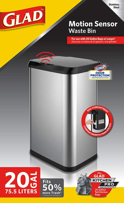 Glad Stainless Steel Trash Can with Clorox Odor Protection, Touchless Metal Kitchen Garbage Bin with Soft Close Lid and Waste Bag Roll Holder, 20 Gallon, Motion Sensor, 20 gl