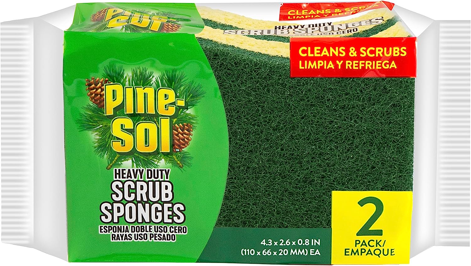 Pine-Sol Heavy Duty 2-Pack Scrub Sponges for Cleaning, Dual-Sided Dishwashing & Scouring Pad, 2 pcs