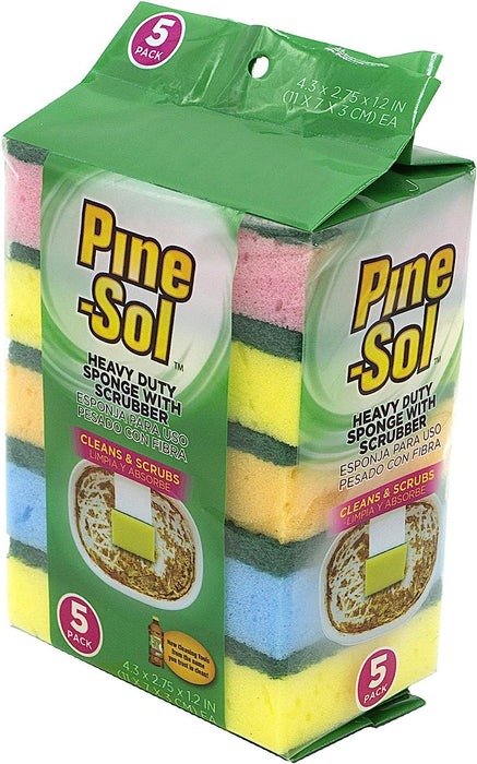 Pine-Sol Heavy Duty Sponge with Scrubber & Dual-Sided, Easily Cleans & Scrubs Stuck-On Grime, Oil, Grease & Burnt on Food, 5 pcs