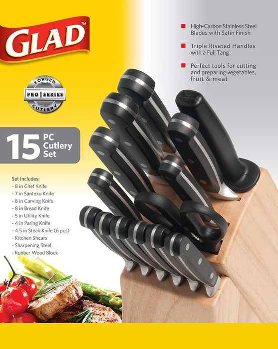 Glad 15-Piece Knife Block Set Pro Series, Forged High Carbon Stainless Steel, 15 pcs