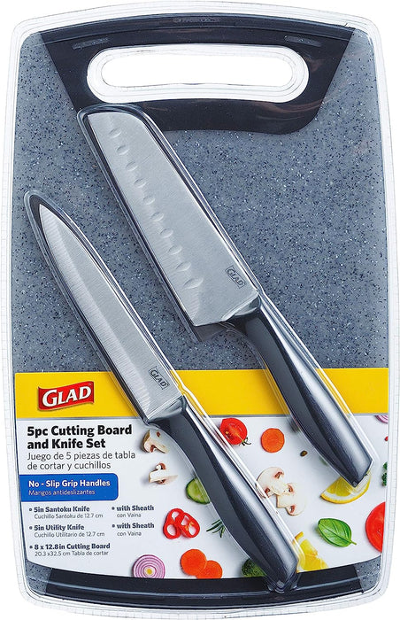 Glad 5-Piece Knife Set with Cutting Board, Sharp Santoku and Utility Knives with Blade Covers and Plastic Chopping Block, 5 pcs