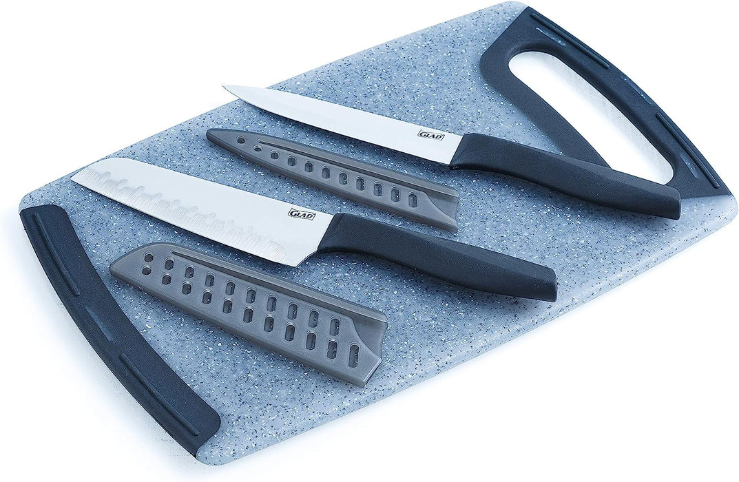 Glad 5-Piece Knife Set with Cutting Board, Sharp Santoku and Utility Knives with Blade Covers and Plastic Chopping Block, 5 pcs