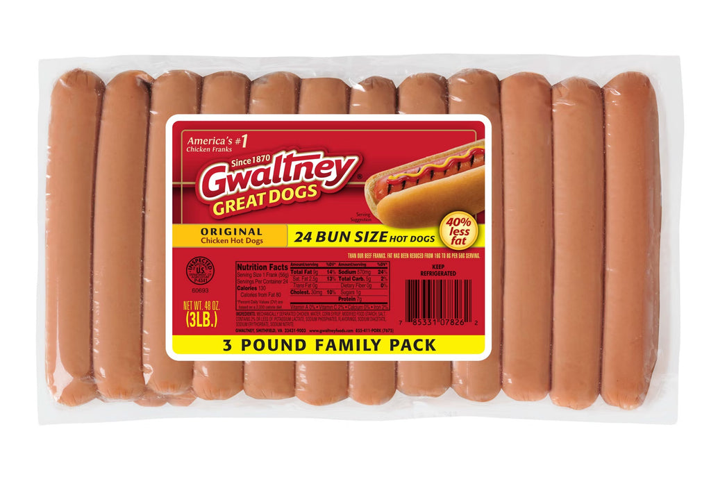 Gwaltney Bun-Length Chicken Hot Dogs, 24 ct