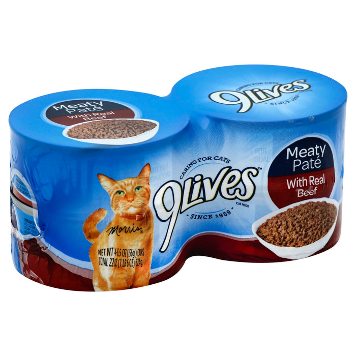 9 Lives Cat Food, with Real Beef, Meaty Pate, 4-Pack, 4 x 5.5 oz