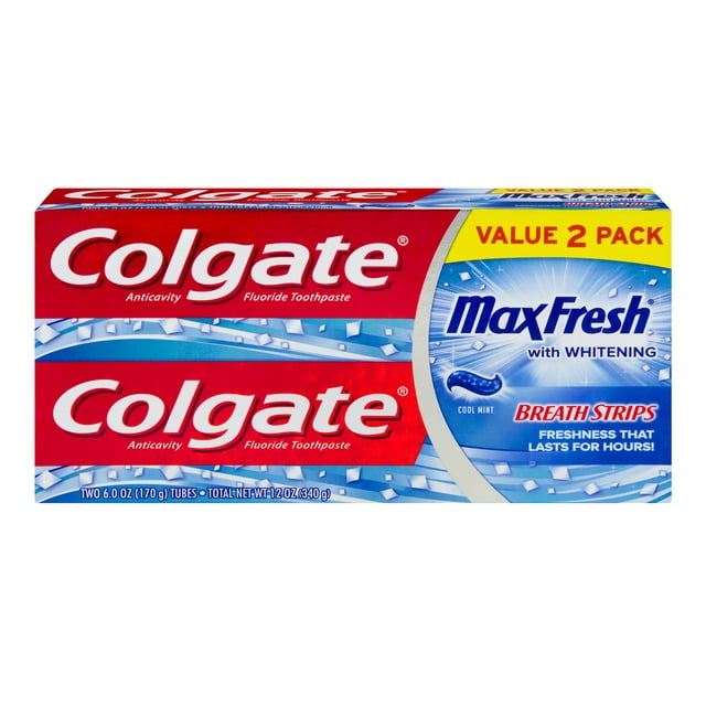 Colgate Max Fresh Toothpaste with Mini Breath Strips, Cool Mint, 2-Pack, 2 x 6.3 oz