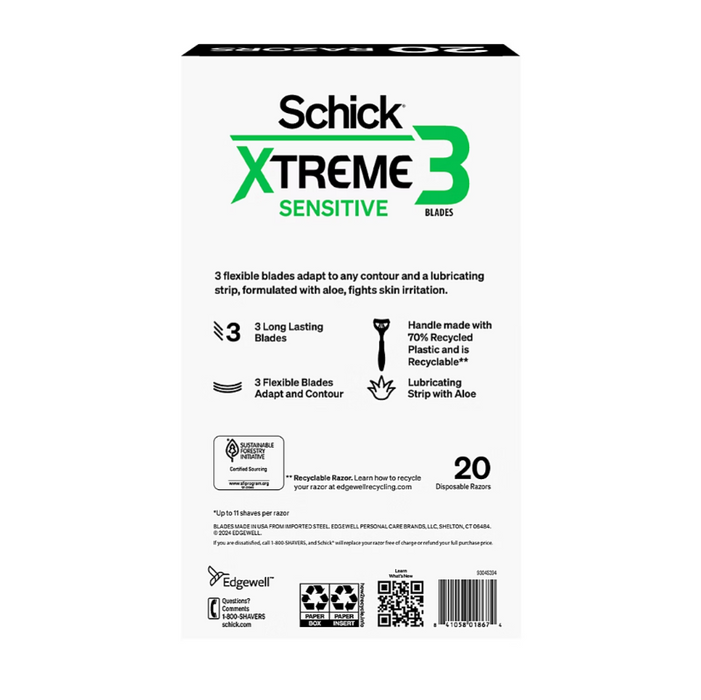Schick Xtreme3 Sensitive Disposable Blade, 20 PACK