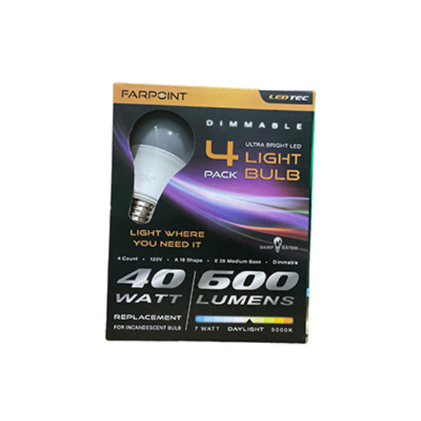 Farpoint Dimmable 40-Watt Ultra Bright LED Light Bulbs, 4-Pack, 600 Lumens, 4 pcs