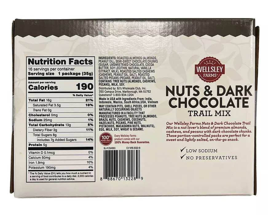 Wellsley Farms Nuts & Dark Chocolate Trail Mix, 16 x 1.25 oz