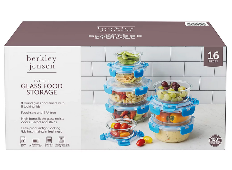 Berkley Jensen 16-Piece Round Glass Food Storage Set With Artight Locking Lids , 16 pcs