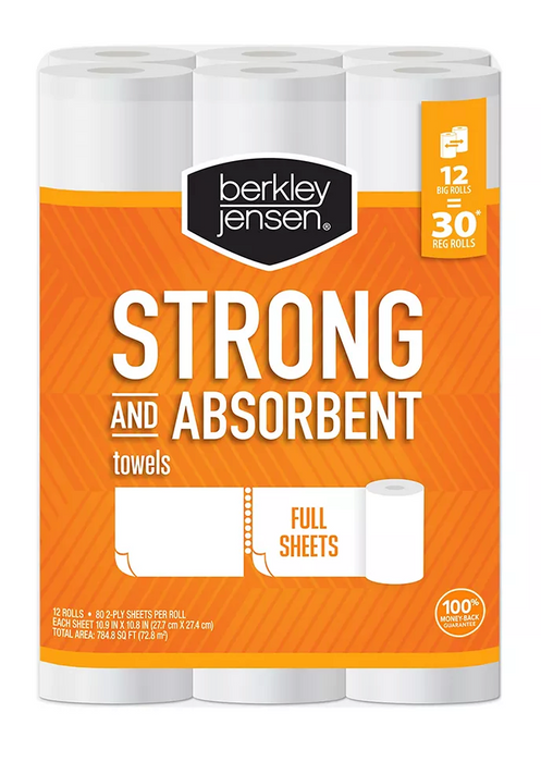 Berkley Jensen Strong & Absorbent Paper Towels, 80 Sheets, 2-Ply , 12 ct