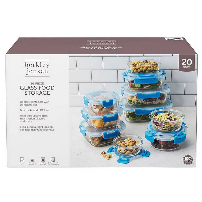 Berkley Jensen 20-Piece Glass Food Storage Set with Airtight Locking Lids, 20 pcs
