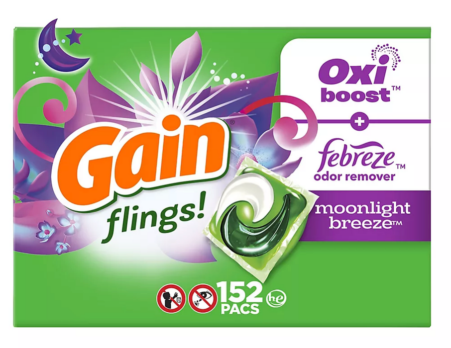 Gain Flings Liquid Laundry Detergent Soap Pacs, Moonlight Breeze Scent , 152 ct