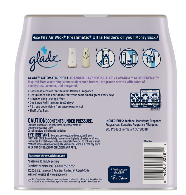 Glade Automatic Spray Refill, Air Freshener, Tranquil Lavender & Aloe, 2 Refills, 2 x 6.2 oz