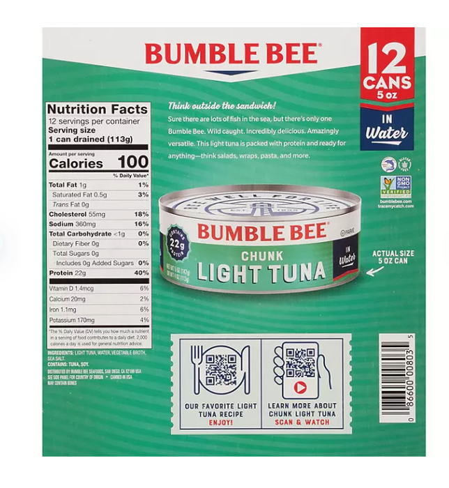 Bumble Bee Chunk Light Tuna in Water, 12-Pack, 12 x 50 oz