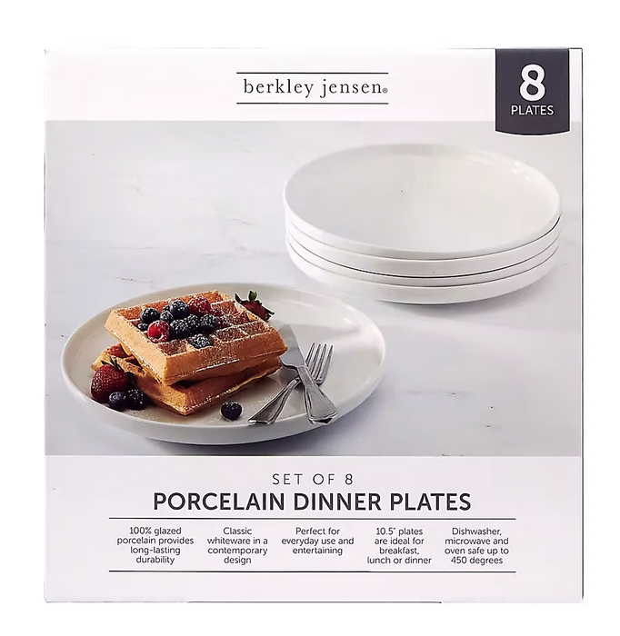 Berkley Jensen 10.5" Porcelain Dinner Plates, 8-Pack, White, 8 pcs