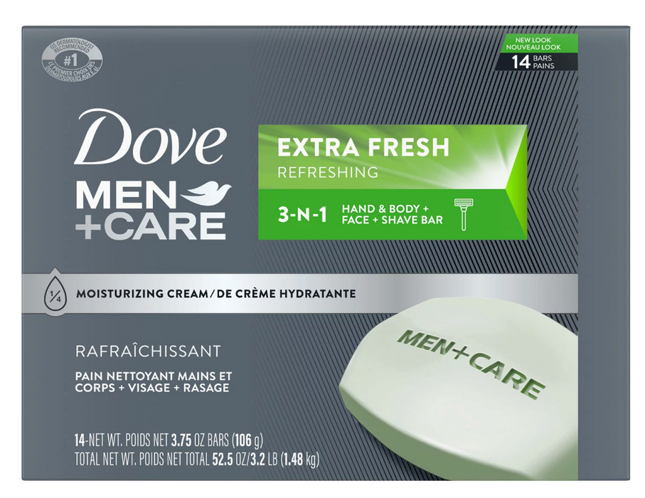 Dove Men + Care Body & Face Bar Soaps, Extra Fresh Scent, 14-Pack , 14 x 3.75 oz