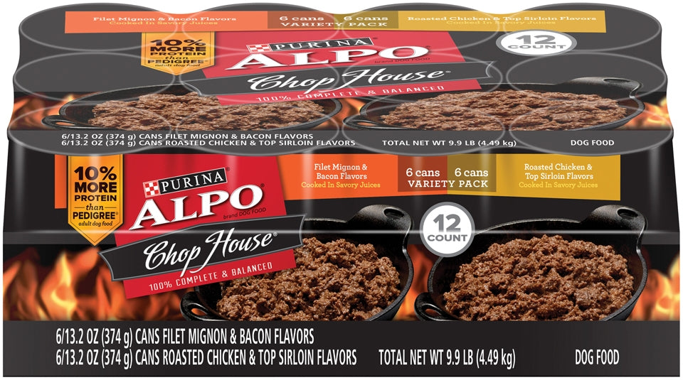 Purina Alpo Chop House Dog Food Variety Pack, 100% Complete & Balanced, 12 x 13.2 oz