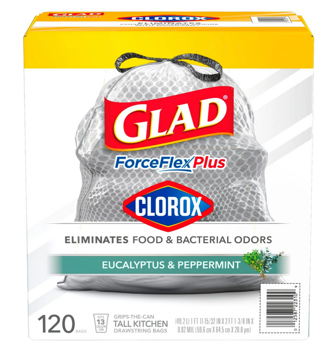 Glad ForceFlexPlus Clorox Trash Bags, Eucalyptus & Peppermint Scent, 120 bags, 13 gl