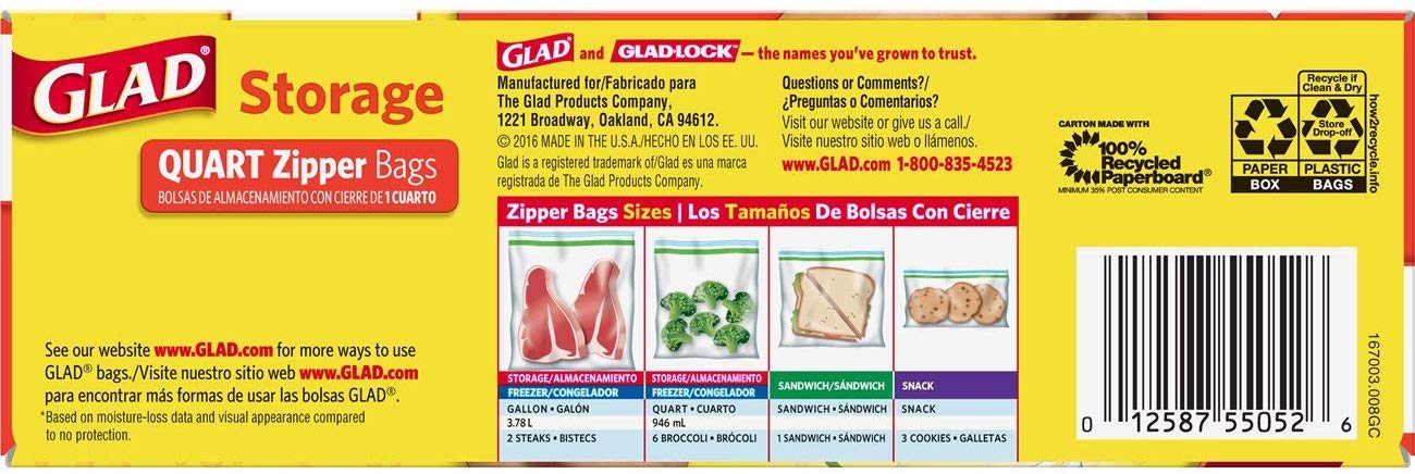 Glad Food Storage Quart Zipper Bags With Airtight Seal, 25 ct