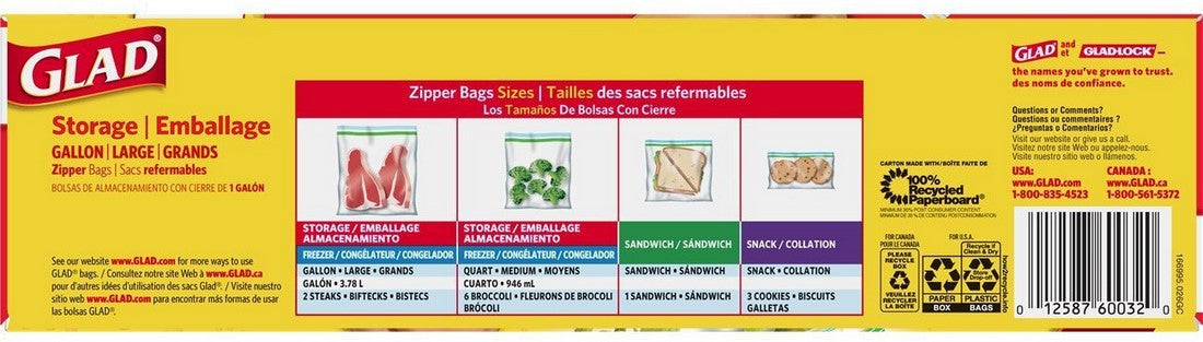 Glad Zipper Storage Bags, Large, 40 ct 