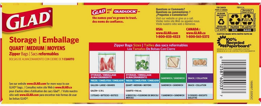 Glad Zipper Food Storage Plastic Bags, Medium, 50 ct