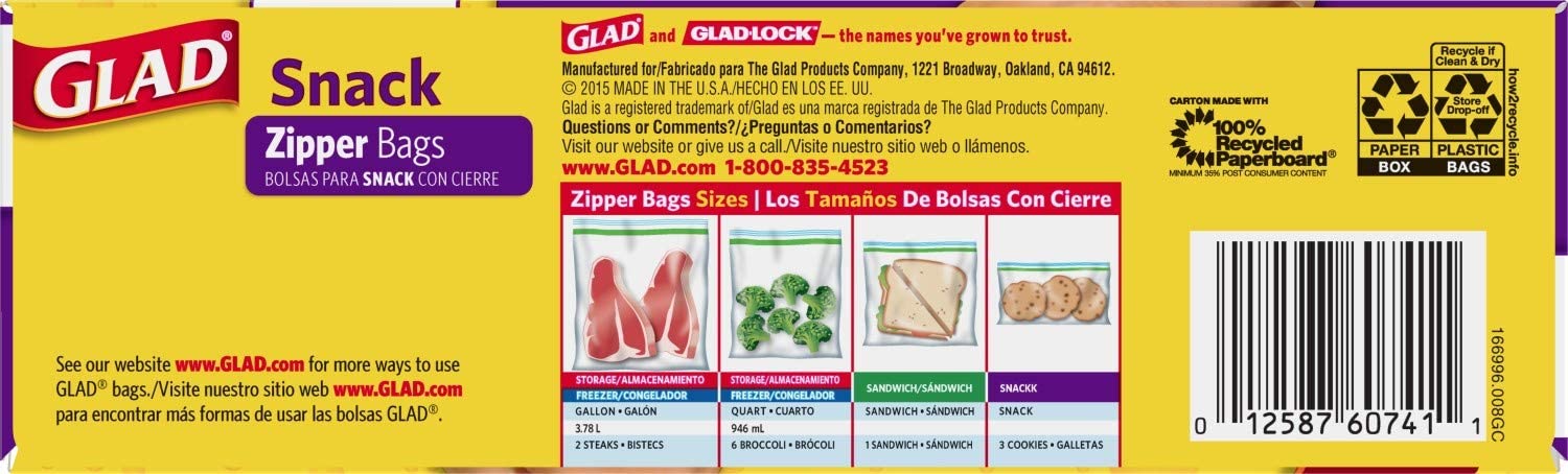 Glad Snack Zipper Bags, Seals Tight , 50 ct