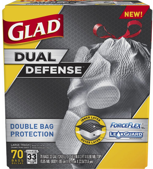 Glad Dual Defense Double Bag Protection Large Trash Drawstring Bags, 33 Gallons, 70 ct